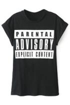Romwe Graffiti Letters Print Rolled-cuffs Black T-shirt