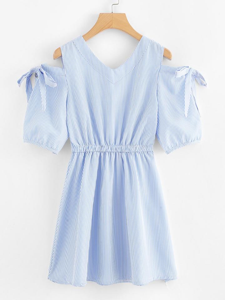 Romwe Cut Out Neck Knot Sleeve Striped Dress