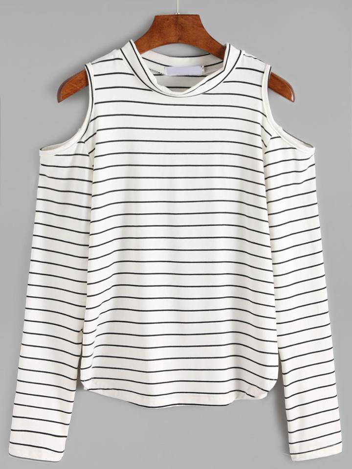Romwe White Open Shoulder Striped Long Sleeve T-shirt