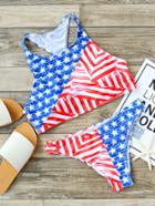 Romwe Blue And Red Star Print Racer Back Bikini Set