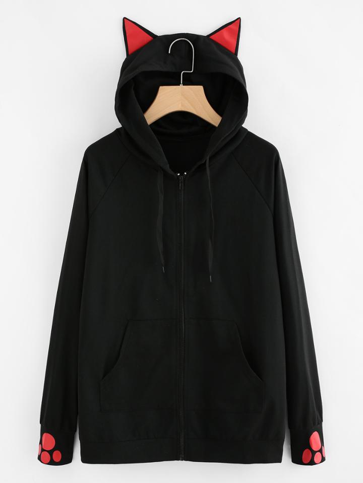 Romwe Cat-ear Hooded Sweatshirt Jacket