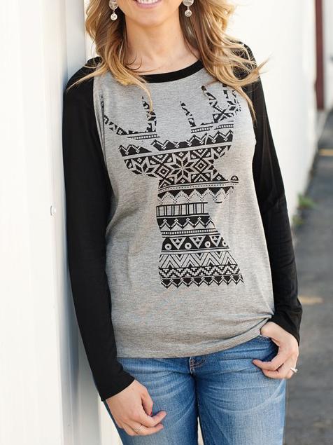Romwe Raglan Sleeve Deer Print Grey Black T-shirt
