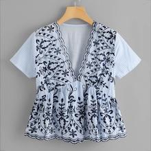 Romwe Deep V Neckline Embroidery Blouse