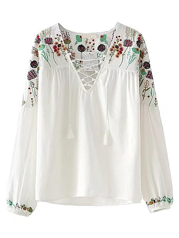 Romwe Drop Shoulder Tassel Tie Embroidery Top