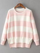 Romwe Pink Contrast Striped Split Side Dip Hem Knitwear