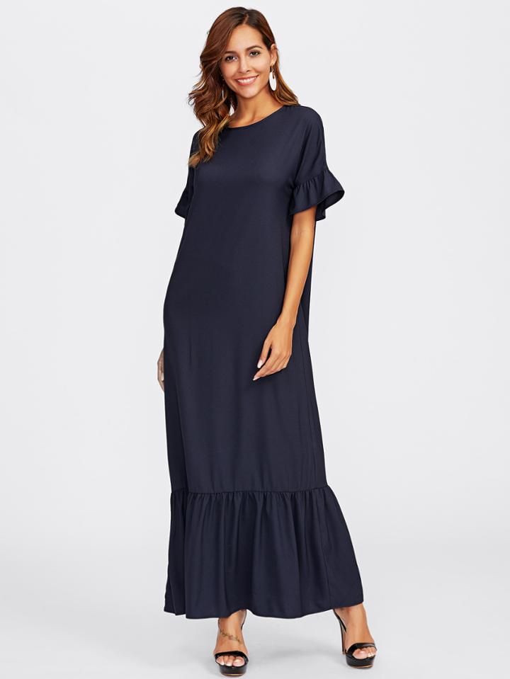 Romwe Bell Sleeve Tiered Hem Full Length Dress