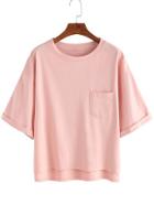 Romwe Dip Hem Cuffed T-shirt With Chest Pocket