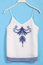 Romwe Spaghetti Strap Embroidered Slim White Vest