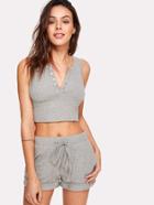 Romwe Button Front Crop Ribbed Top And Shorts Co-ord