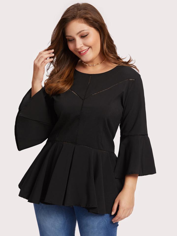 Romwe Bell Sleeve Ruffle Hem Keyhole Back Top