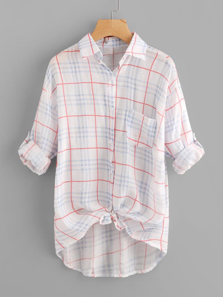 Romwe Rolled Sleeve Knot Front Check Shirt