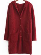 Romwe Hooded Buttons Pockets Wine Red Coat