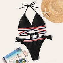 Romwe Striped Trim Halter Top With Tie Side Bikini