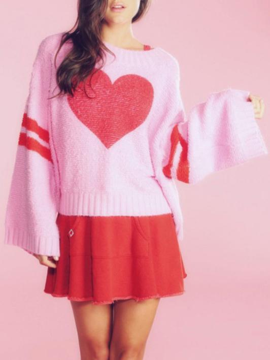 Romwe Bell Sleeve Heart Pattern Pink Sweater
