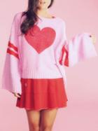 Romwe Bell Sleeve Heart Pattern Pink Sweater
