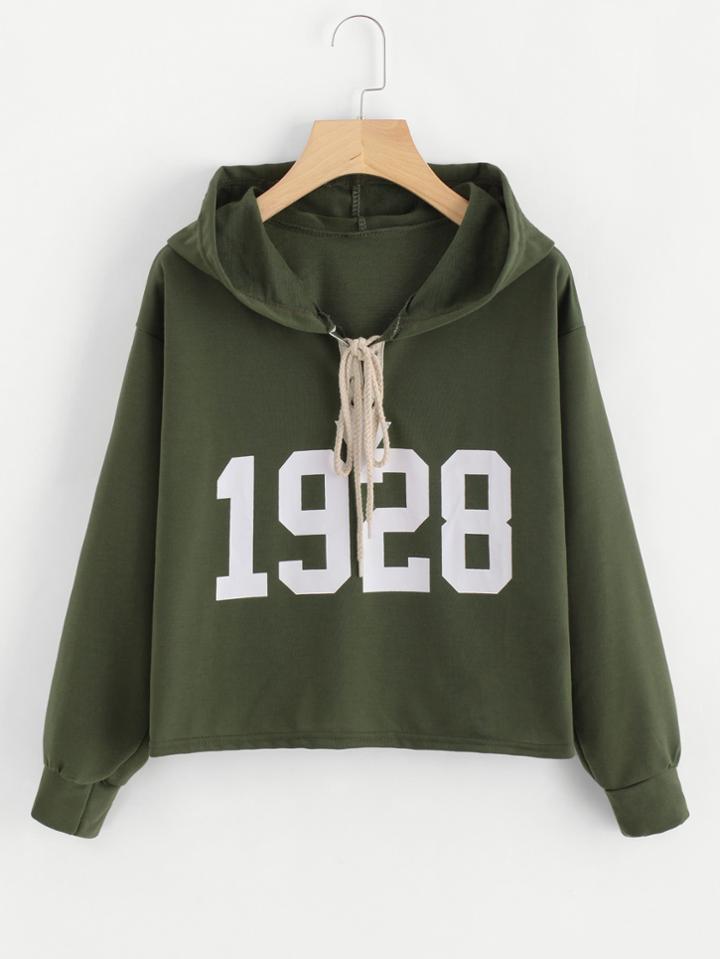 Romwe Number Print Eyelet Lace Up Hoodie