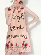 Romwe Pink Embroidered Hollow Dress