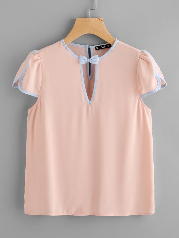 Romwe Contrast Binding Bow Embellished Keyhole Top