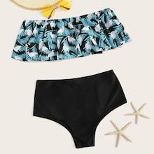 Romwe Flounce Bardot Top With High Waist Bikini Set