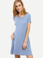 Romwe Grey Blue Short Sleeve Pockets Shift Dress