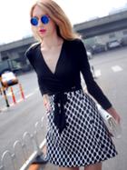 Romwe Navy V Neck Long Sleeve Tie-waist Pockets Dress