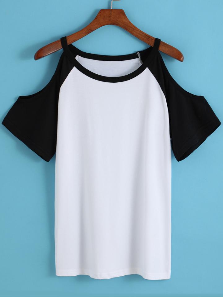 Romwe Colour-block Off The Shoulder Loose T-shirt