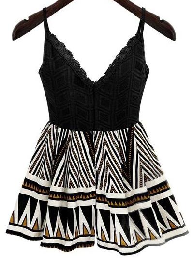 Romwe Black Geometric Print Lace Trim Cami Romper
