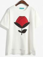 Romwe Rose Embroidered Dip Hem Loose White T-shirt