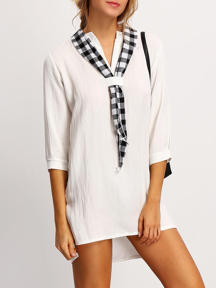 Romwe V Neck Dip Hem Split Dress With Tie