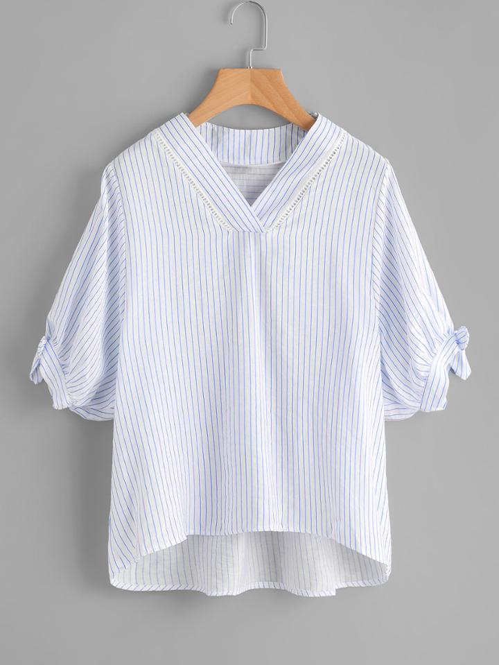 Romwe V Neckline Knot Sleeve Striped Dip Hem Blouse