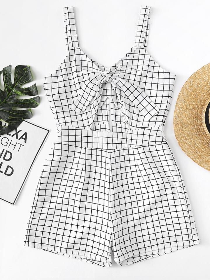 Romwe Knot Front Cut Out Checked Cami Romper