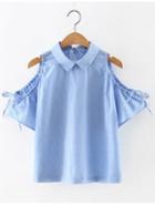 Romwe Blue Cold Shoulder Lapel Bow Stripe Key-hole Blouse