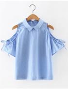 Romwe Blue Cold Shoulder Lapel Bow Stripe Key-hole Blouse