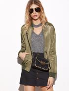 Romwe Army Green Sleeve Zip Detail Bomber Jacket