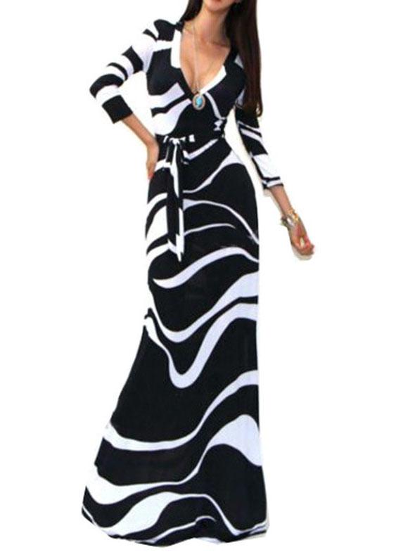 Romwe Deep V Neck Color-block Belt Dress