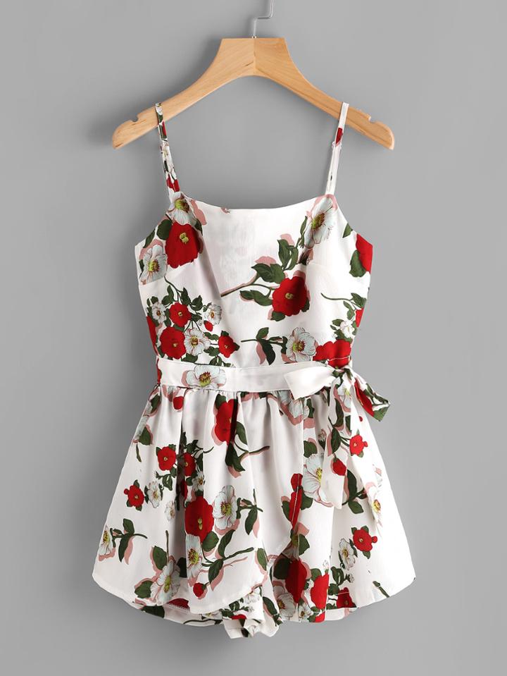Romwe Floral Print Random Bow Tie Cut Out Romper