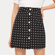 Romwe Polka Dot Print Button Detail Skirt