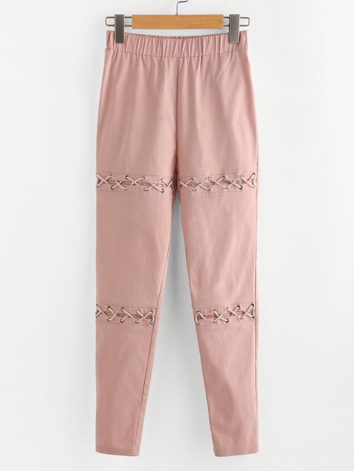 Romwe Eyelet Lace Up Detail Pants