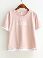 Romwe Pink Letter Print Embroidery Fringe Trim Tee