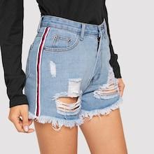 Romwe Striped Side Ripped Raw Hem Denim Shorts