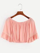 Romwe Pink Eyelet Lace Insert Off The Shoulder Top