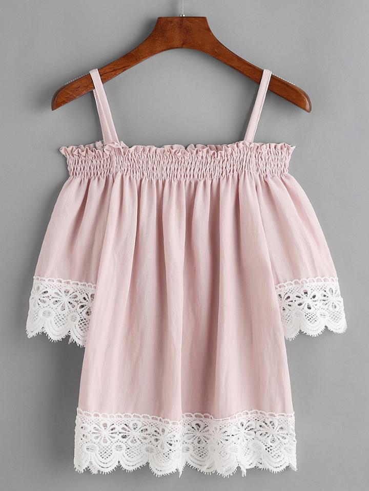 Romwe Pink Contrast Lace Trim Cold Shoulder Shirred Blouse