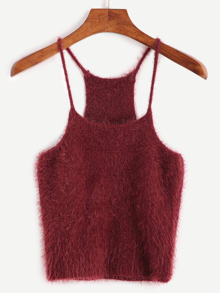 Romwe Burgundy Fuzzy Crop Cami Top