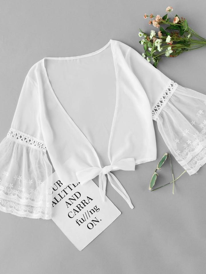 Romwe Lace Contrast Bell Sleeve Tie Front Blouse