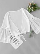 Romwe Lace Contrast Bell Sleeve Tie Front Blouse