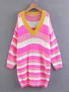 Romwe Contrast V Neckline Striped Sweater Dress