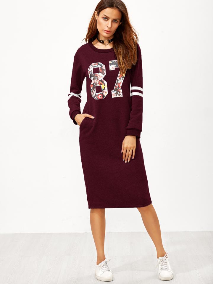 Romwe Burgundy Varsity Print Slit Back Zipper Sweatshirt Dress