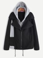 Romwe Black Contrast Drawstring Hooded Zipper 2 In 1 Coat