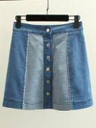 Romwe Blue Splice High Waist Bottons Front Denim Skirt