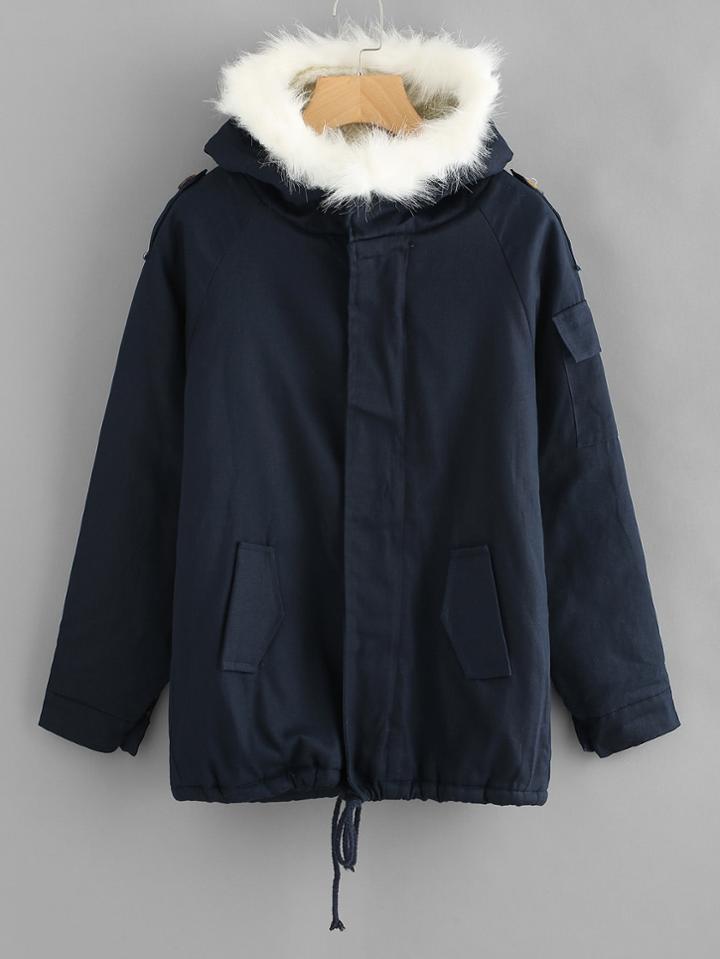 Romwe Faux Fur Trim Drawstring Hem Pocket Sleeve Coat